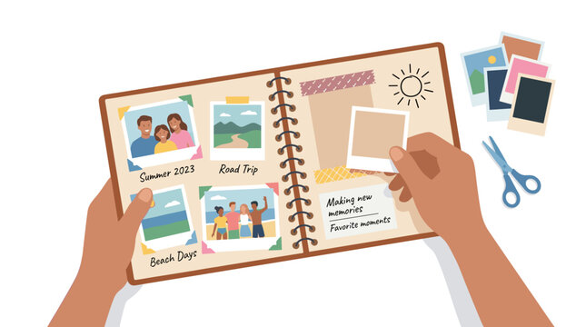 Holding a photo album, I open a DIY scrapbook of photographs, capturing memories and moments while organizing personal pictures and designing a photography archive, journal, and diary, all