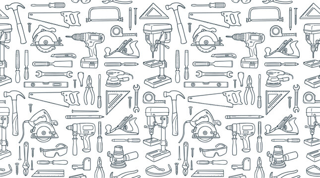 A monochrome, seamless design featuring hand‑drawn contour lines of both manual and powered woodworking tools against a white backdrop, depicting realistic vector art of home repair equipment