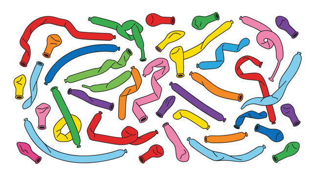 Deflated latex balloons, uninflated long rubber modeling balloons in various colors, tube-shaped inflatable party balloons for decoration, all depicted as a flat vector illustration against a white