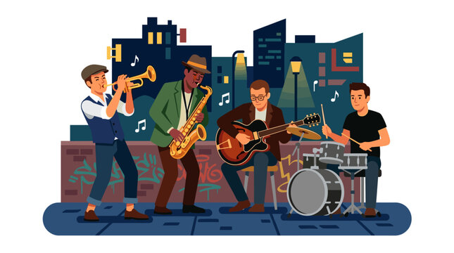 A group of street artists performing on musical instruments in the nighttime cityscape, depicted as a vector graphic illustration of a jazz band and classical music performers, featuring a male