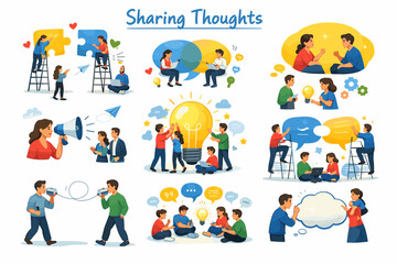 Fototapeta premium Flat vector set of communication and idea sharing concepts, teamwork discussion, brainstorming and collaboration illustration collection