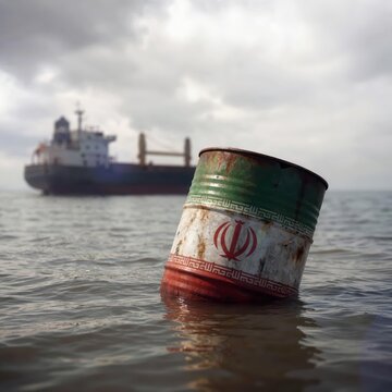 A weathered oil barrel, marked with the Iranian flag, drifts in the ocean beside a colossal oil tanker 