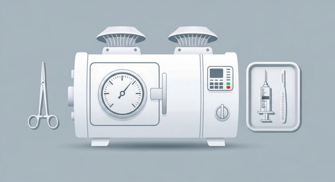 Medical sterilization equipment with surgical tools on a clean surface for hospital use and infection control