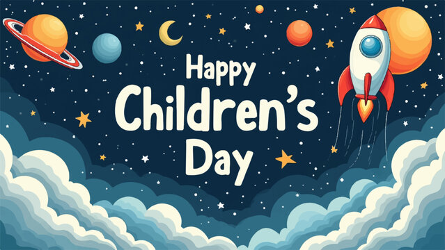 Happy children's day celebration with rocket and planets in starry night sky with clouds
