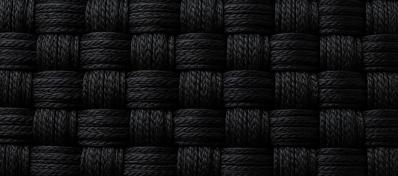Black woven texture made of interwoven cylindrical threads in rows pattern