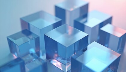 Obraz premium Clear blue glass cubes arranged in a modern composition with soft lighting. Geometric shapes create an abstract pattern with depth and clarity, suggesting technology or design.