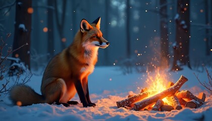 Fototapeta premium Red fox sits near campfire in snowy forest. Wild animal warms paws, enjoys glowing flames, night outdoor scene. Cold winter woodland, sparks fly, magical atmosphere.
