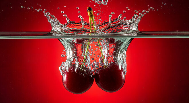 High speed photography of red cherries splashing into clear water on red background for refreshing summer juice advertising healthy organic fruit beverage concept.