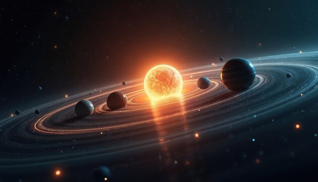 Stylized model of solar system with planets orbiting bright sun on dark cosmic background. Space, astronomy science, celestial bodies, futuristic journey, nebulae.