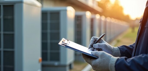 HVAC technician wearing gloves checks air conditioners and writes notes on clipboard. Worker inspects cooling equipment for maintenance service. Pro checks system performance and quality.