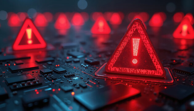 Digital warning sign on circuit board. Red alert symbols flash on tech system. Cyber security alert notification on interface. Data risk and network threat.
