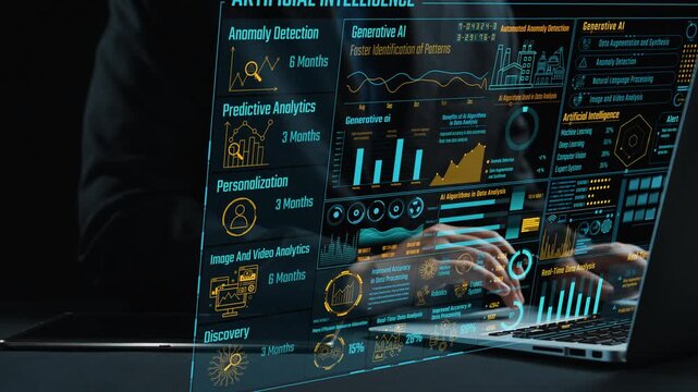 A sleek, modern interface highlighting artificial intelligence applications in analytics, showcasing features like anomaly detection, predictive insights, and personalized solutions. Cipher