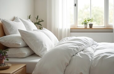 Fototapeta premium Clean white bed with soft pillows and duvet. Bright room with plants near window. Peaceful morning atmosphere perfect for relaxation and rest.