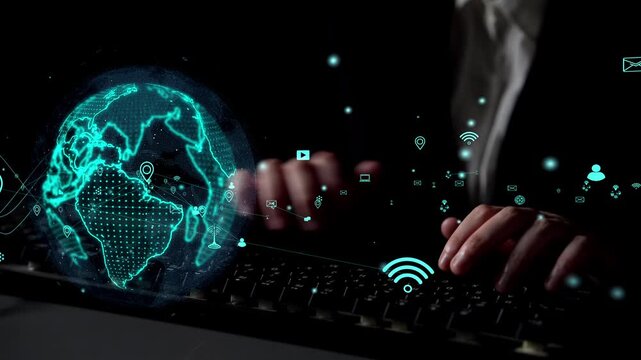 A modern scene depicting hands typing on a keyboard with a holographic representation of the Earth and digital icons symbolizing global connectivity and technology. Xenic