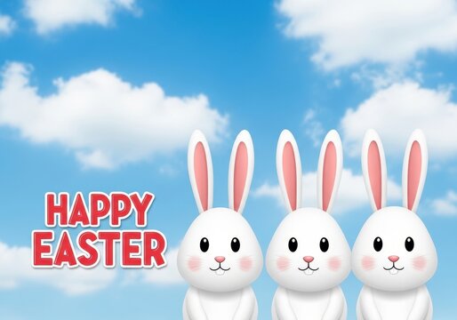 Three cute white bunnies standing in front of a blue sky background with happy easter text message