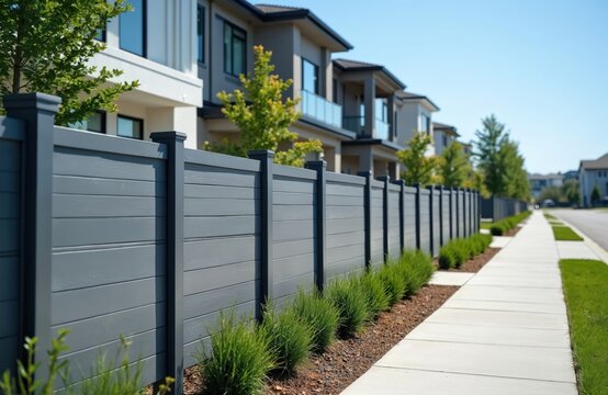 Modern grey composite fence borders upscale houses on sunny day. Clean sidewalk runs alongside manicured green shrubs and landscaping. Residential street showcases suburban privacy and home design.