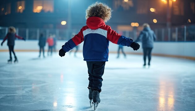 Young boy with curly hair skates on ice rink at night. Child learns balance wearing warm clothes. People skate around him in blurred background.