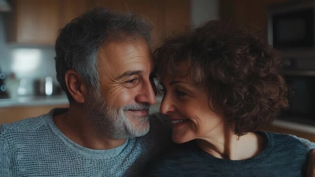 An elderly couple sharing a loving moment at home. A warm and intimate portrayal of their affection for each other.