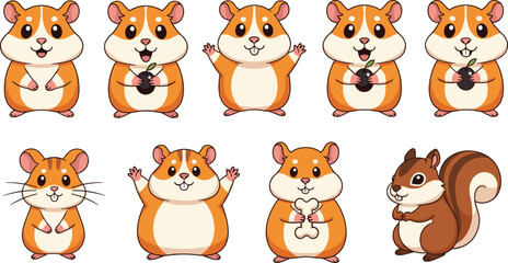 Obraz premium Cute Hamster Cartoon Character Vector Set with Adorable Pet Rodent Poses for Kids Illustration, Nursery Decor, Sticker Designs, Children Learning Materials, and Animal Mascot Graphics