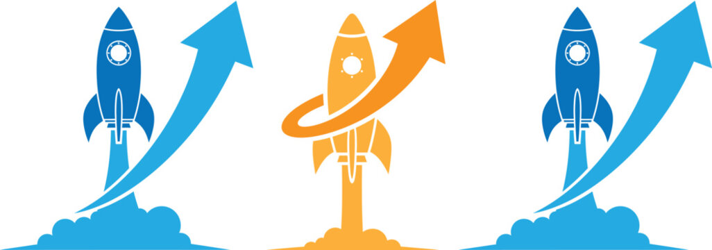 Three rockets launching upwards with dynamic arrows