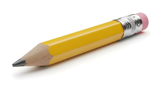 Yellow pencil with pink eraser and silver ferrule on white background suitable for educational materials office supplies and creative projects