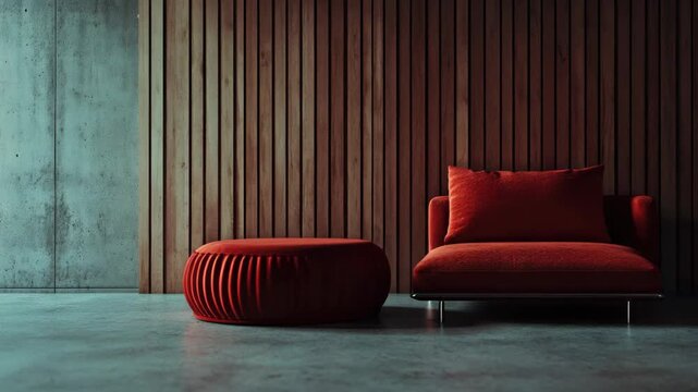 An abstract design of a modern living room featuring a red couch and matching ottoman, set against wood paneling.