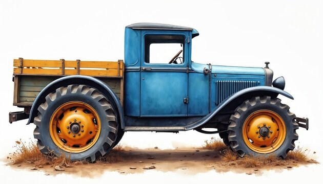 Old blue pickup truck with wooden bed rests on dirt ground. Vintage vehicle features large tractor tires, yellow rims. Classic truck artwork shows weathered paint, rustic charm.