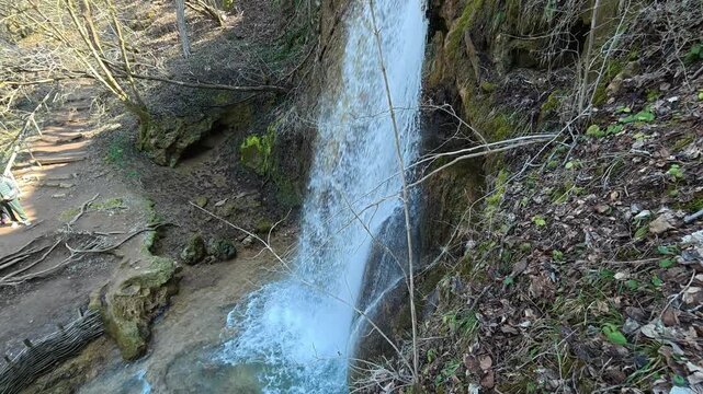 Side View of Waterfall from Bottom to Top &ndash; Forest Nature Scene. Ozren Mountain, Sokobanja region. Balkans, Serbia.
