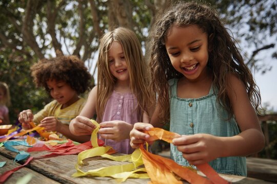 Kids Making Windsock Crafts Outside