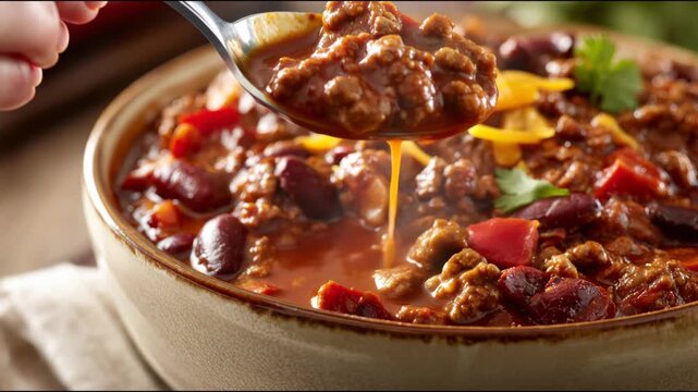 Person stirring and scooping a hot bowl of traditional beef chili con carne for dinner