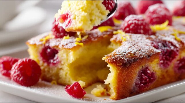 Spoon taking a piece of a delicious homemade raspberry cake with icing sugar and lemon zest