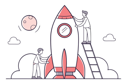 tiny people building giant rocket illustration set, startup launch concept, simple vector illustration minimal fla