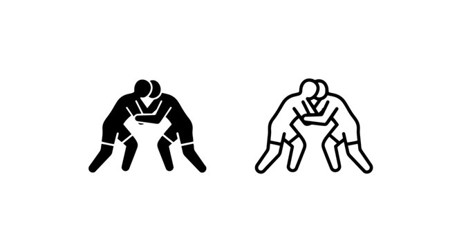 Wrestling icon set, two styles: solid and outline, depicting grappling
