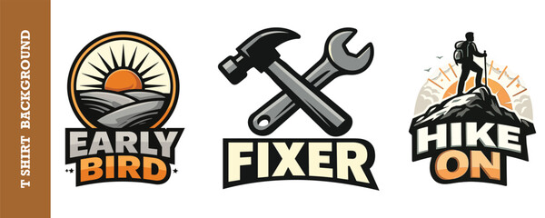 Creative collection of three vibrant logo designs featuring early morning nature hiking and handyman themes isolated on transparent background © jubayer95
