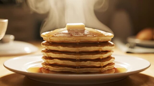 Close-up of hands placing small piece of butter onto hot toast, butter beginning to melt instantly, soft steam catching sunlight