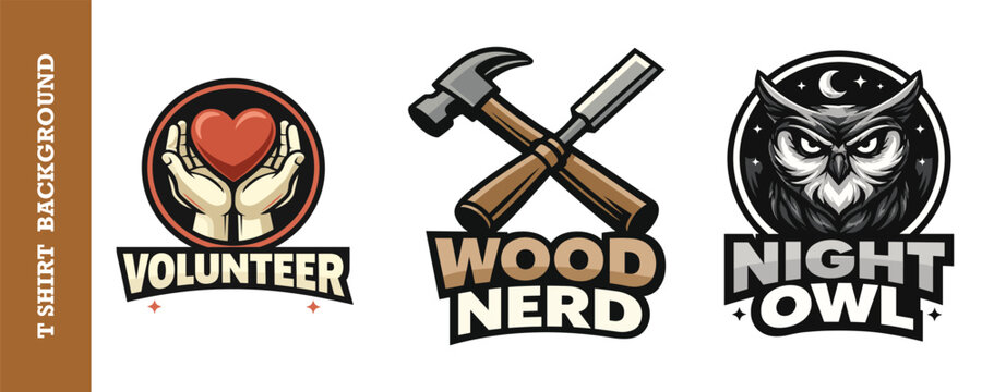 Creative collection of three vibrant tshirt logo designs featuring volunteer woodworker and night owl themes  perfect for hobbyists and enthusiasts with a stylish and modern look
