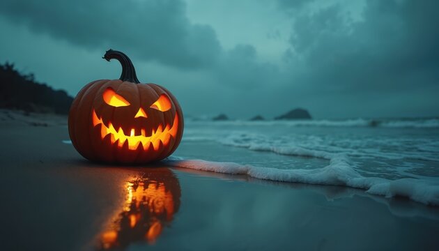 Scary jack o lantern pumpkin glows on wet beach sand at twilight. Ocean waves crash ashore near the spooky carved gourd. Dark clouds loom over the sea.