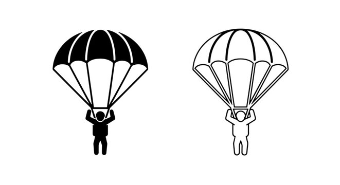 Parachutist icon set - silhouette and outline vector graphics for skydiving