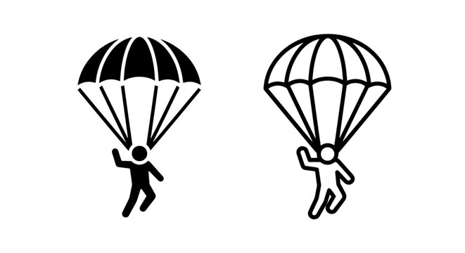 Parachutist icon set - silhouette and outline vector graphics for skydiving