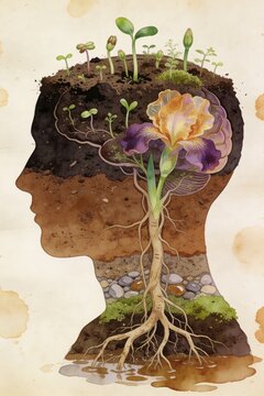 Watercolor human head silhouette soil sprouts roots iris flower growth
