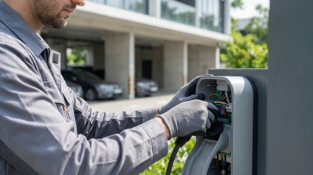 Technician installing electric vehicle charging wallbox infrastructure outdoors