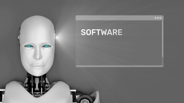 A humanoid robot showcases a software update interface highlighting advancements in artificial intelligence, representing the intersection of technology and innovation. Synapse