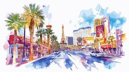 Obraz premium Las Vegas Strip. Las Vegas Strip hand drawn watercolor illustration