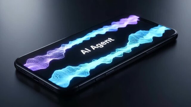 Smartphone displaying animated digital sound waves with AI agent text. Mobile device interface showing artificial intelligence processing voice input data animation.