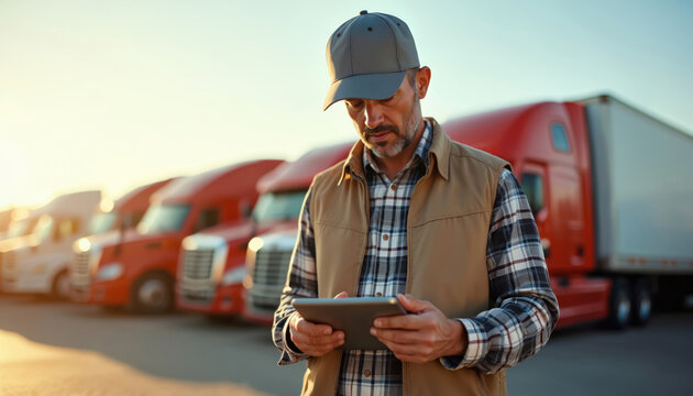 Man in cap uses tablet near parked trucks. Trucker checks delivery route on device. Logistics expert manages cargo transport. Professional driver works on highway.