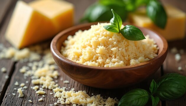 Grated cheese in wooden bowl with basil leaves. Rustic wood table with cheese blocks scattered. Fresh ingredient for cooking pasta, pizza, or salads. Flavorful addition to any dish.