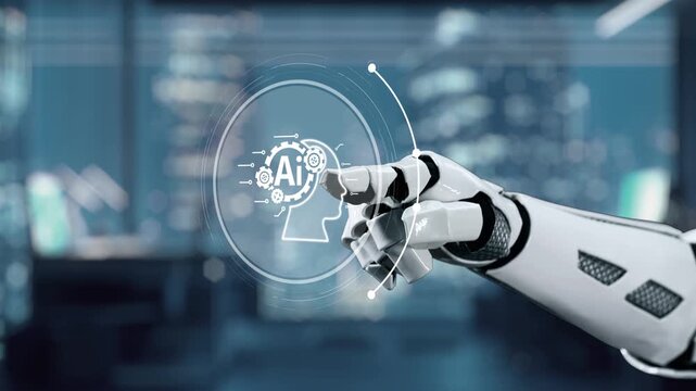 A sleek robotic hand points at a digital interface featuring generative AI concepts and human brain graphics, showcasing the fusion of technology and innovation. Auvana
