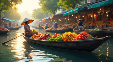 Obraz premium Asian woman in conical hat rows boat filled with colorful fruits and vegetables at busy river market. Other boats and stalls line canal, selling produce under awnings in morning sun.