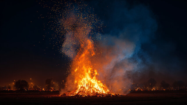 Large bonfire burning brightly at night, tall dynamic flames rising into the dark sky, glowing embers and sparks flying, warm orange and golden light illuminating the ground, early spring atmosphere
