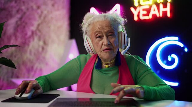 POV of happy elderly woman playing racing game on laptop, enjoying the hobby